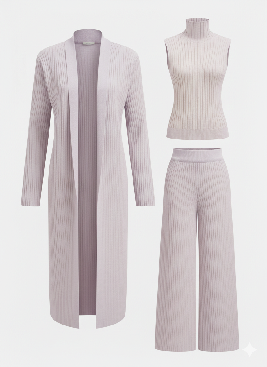 CONJUNTO DE TRES PIEZAS CON SUÉTER DE CUELLO ALTO DE PUNTO, CÁRDIGAN Y PANTALONES