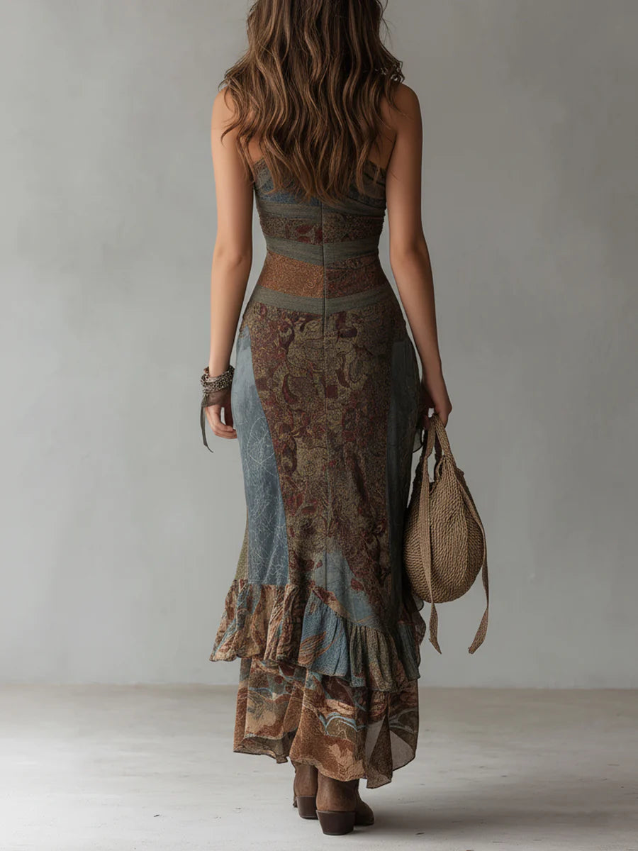 VESTIDO LARGO ASIMÉTRICO CON ESTAMPADO ÉTNICO Y ABERTURA ALTA