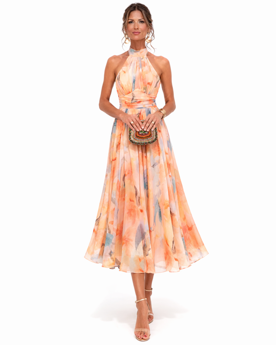 VESTIDO CON CUELLO HALTER Y ESTAMPADO EN ACUARELA