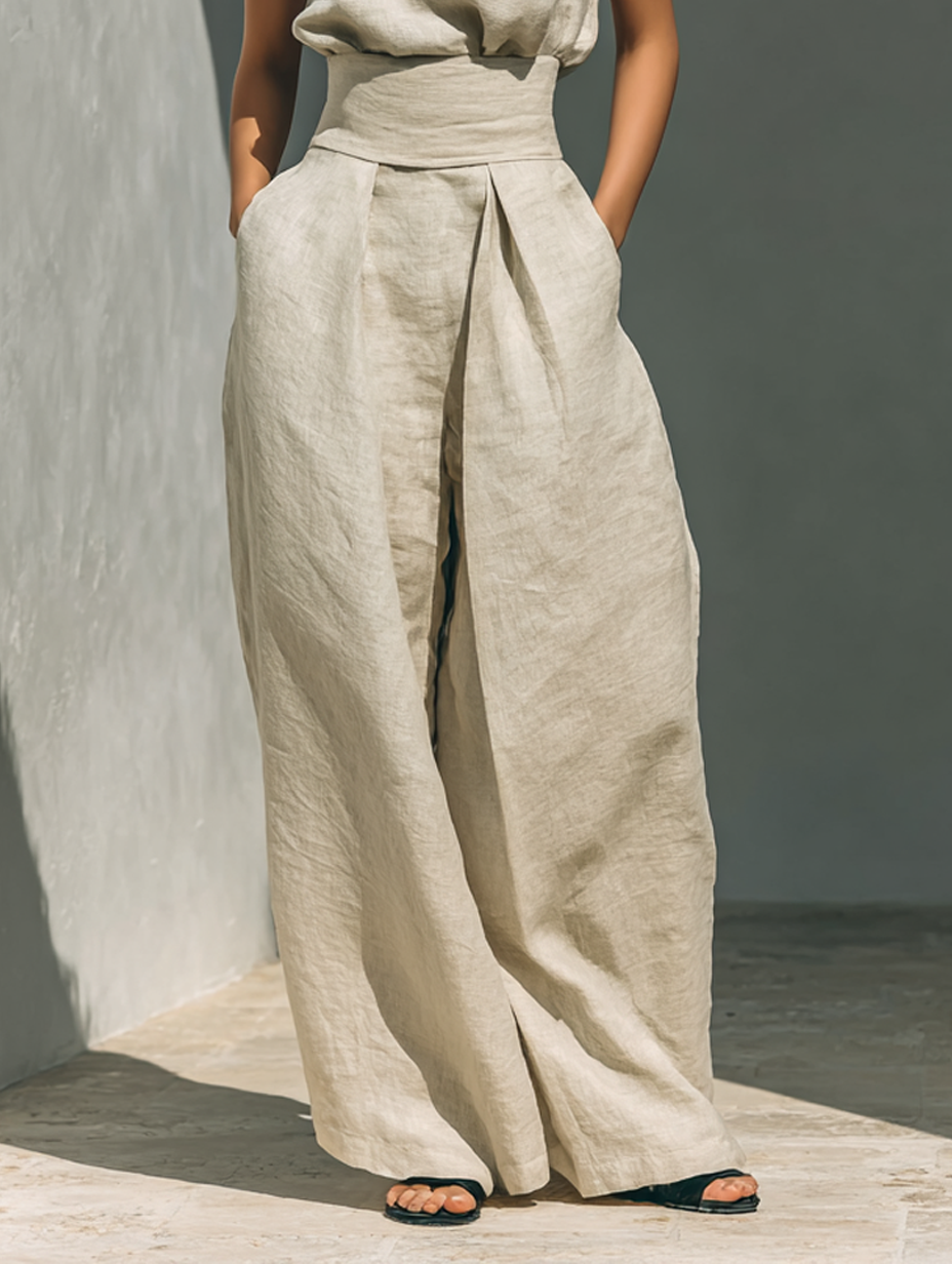 CONJUNTO DE CAMISETA SIN MANGAS Y PANTALON ANCHO DE ALGODON Y LINO
