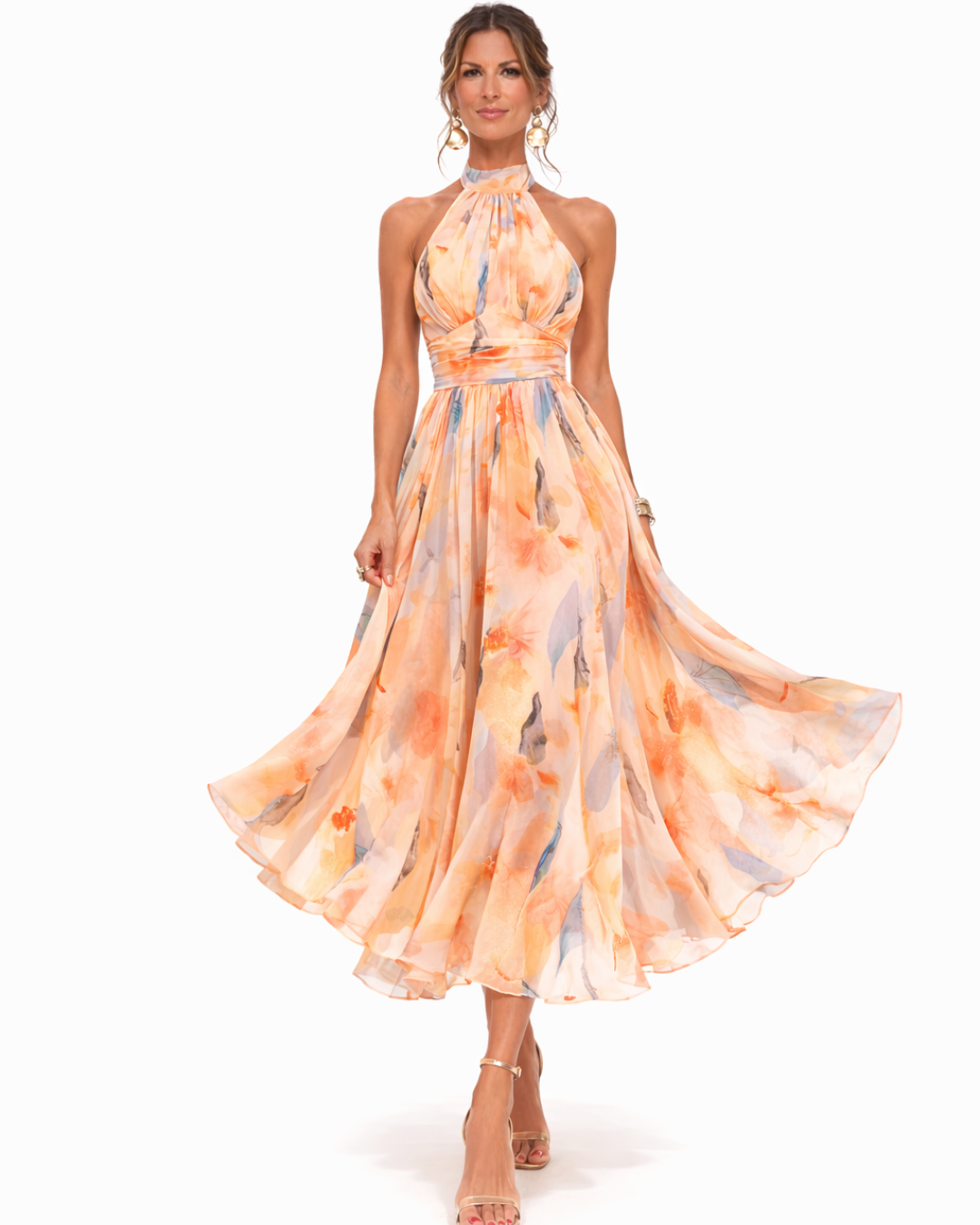 VESTIDO CON CUELLO HALTER Y ESTAMPADO EN ACUARELA