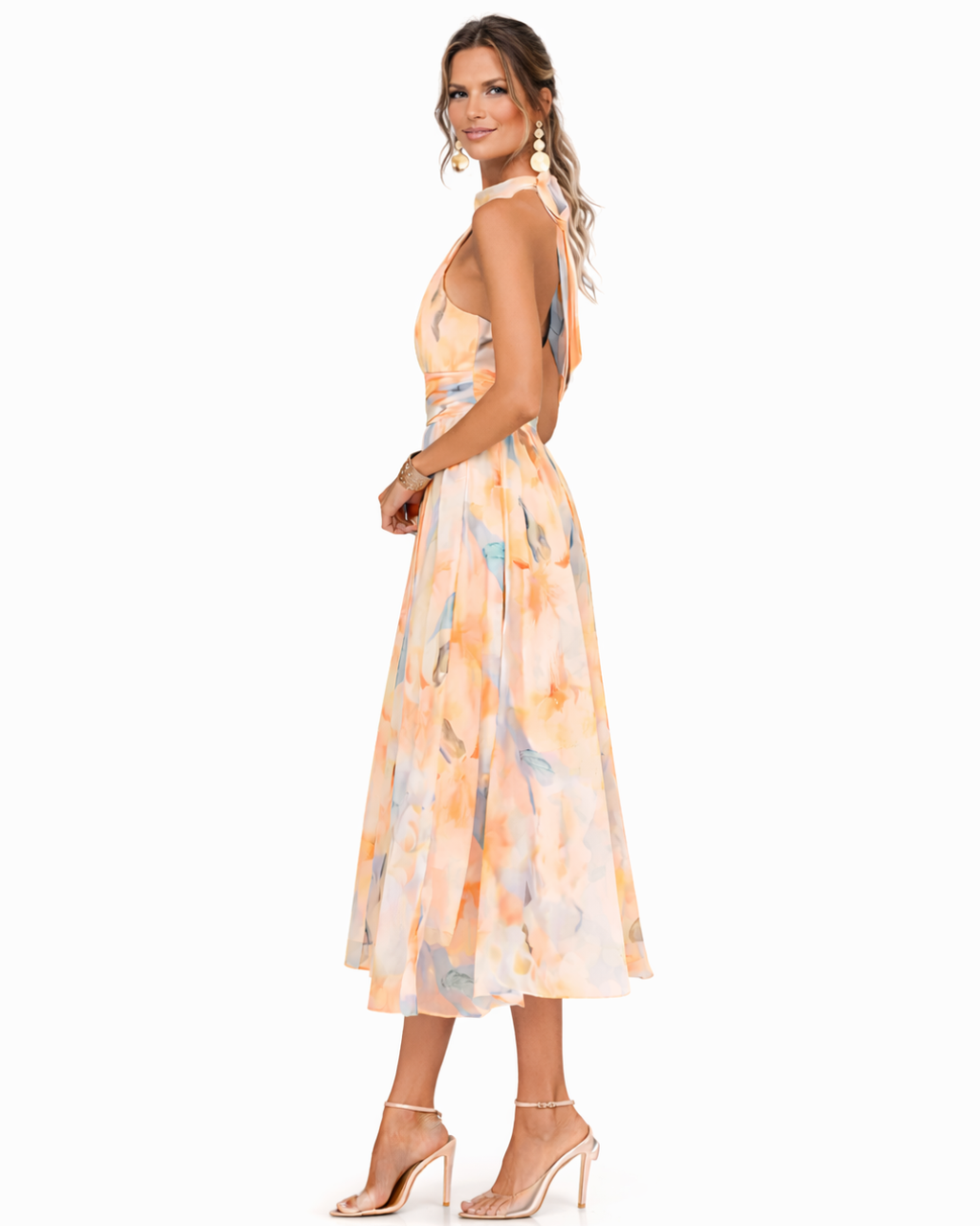 VESTIDO CON CUELLO HALTER Y ESTAMPADO EN ACUARELA