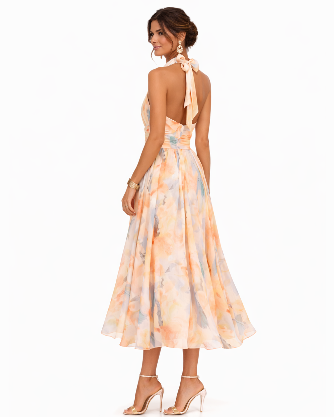 VESTIDO CON CUELLO HALTER Y ESTAMPADO EN ACUARELA