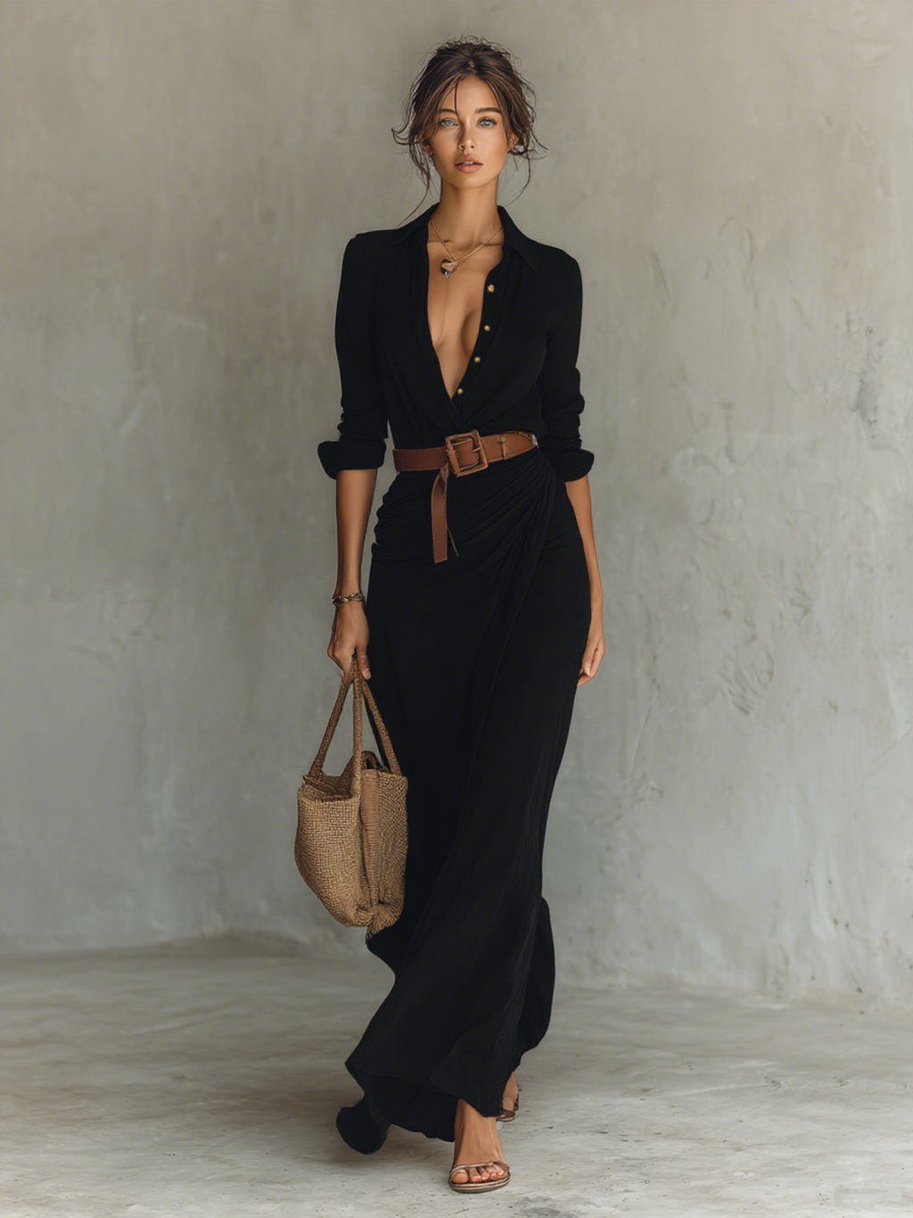 VESTIDO LARGO CON CUELLO DE SOLAPA