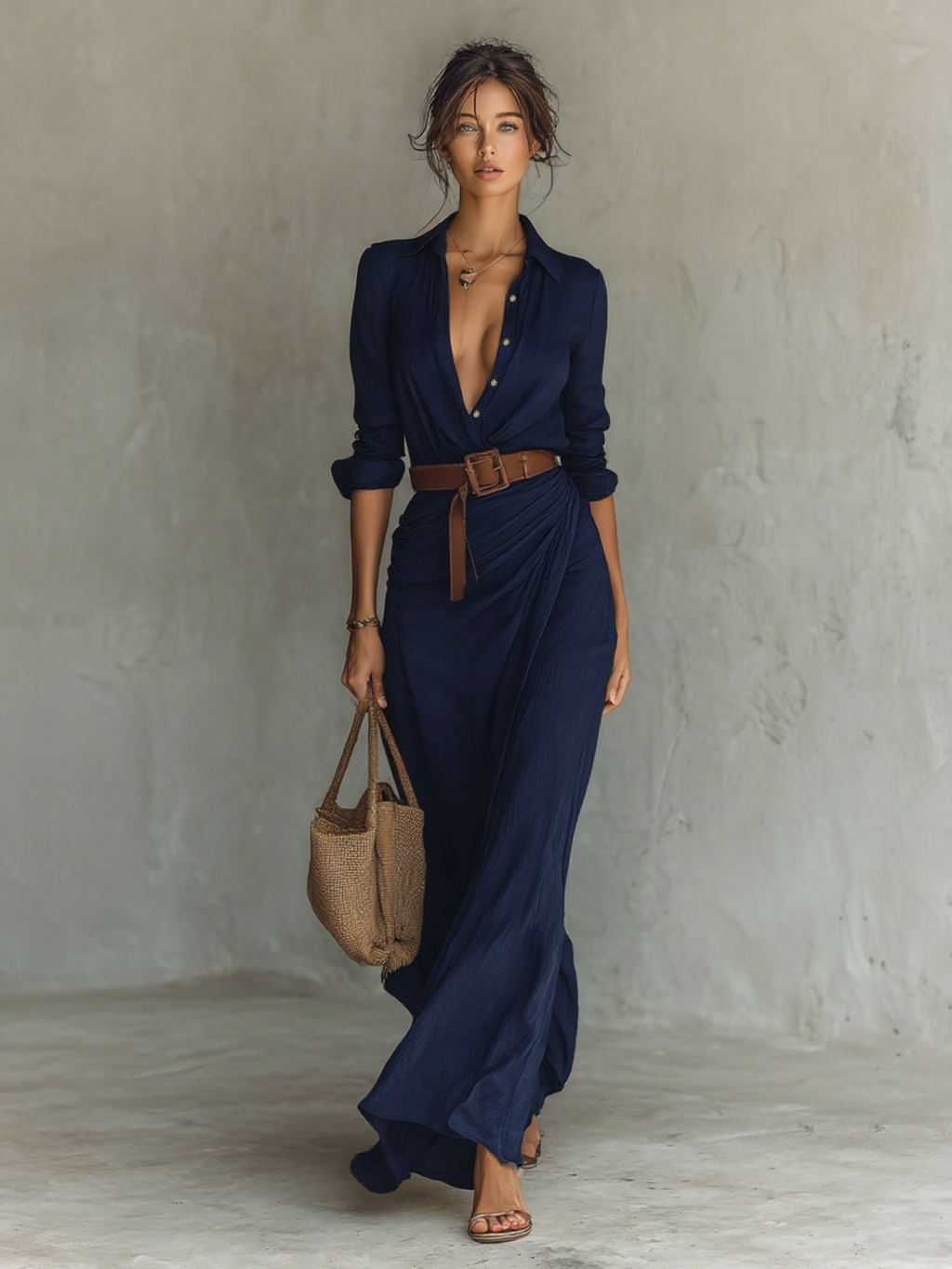 VESTIDO LARGO CON CUELLO DE SOLAPA