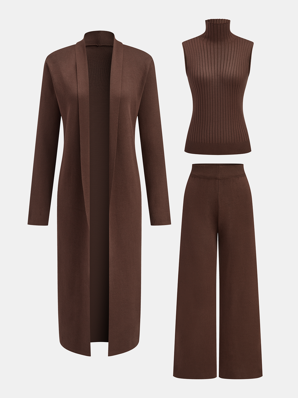 CONJUNTO DE TRES PIEZAS CON SUÉTER DE CUELLO ALTO DE PUNTO, CÁRDIGAN Y PANTALONES