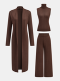 CONJUNTO DE TRES PIEZAS CON SUÉTER DE CUELLO ALTO DE PUNTO, CÁRDIGAN Y PANTALONES