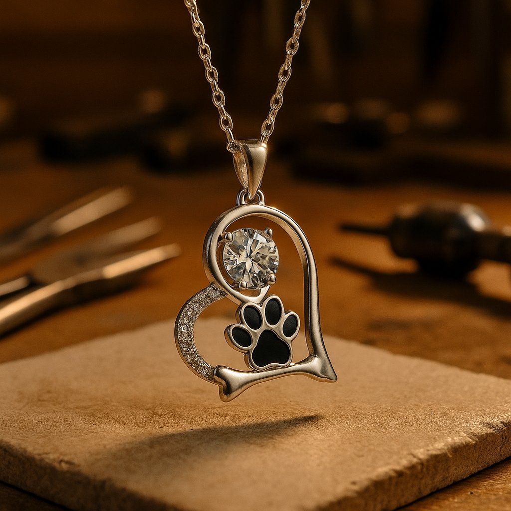 Collar artesanal con huella de pata de perro y hueso con circonitas