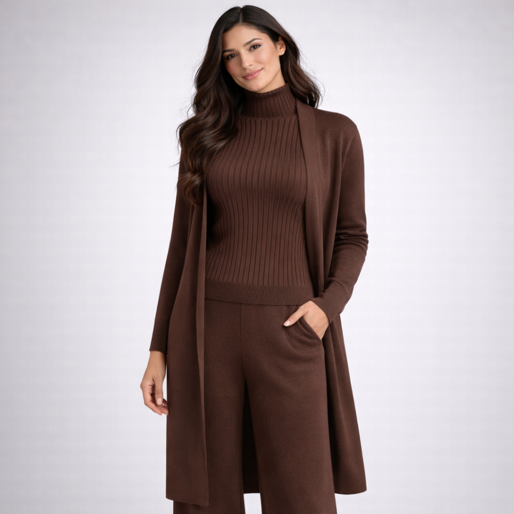 CONJUNTO DE TRES PIEZAS CON SUÉTER DE CUELLO ALTO DE PUNTO, CÁRDIGAN Y PANTALONES