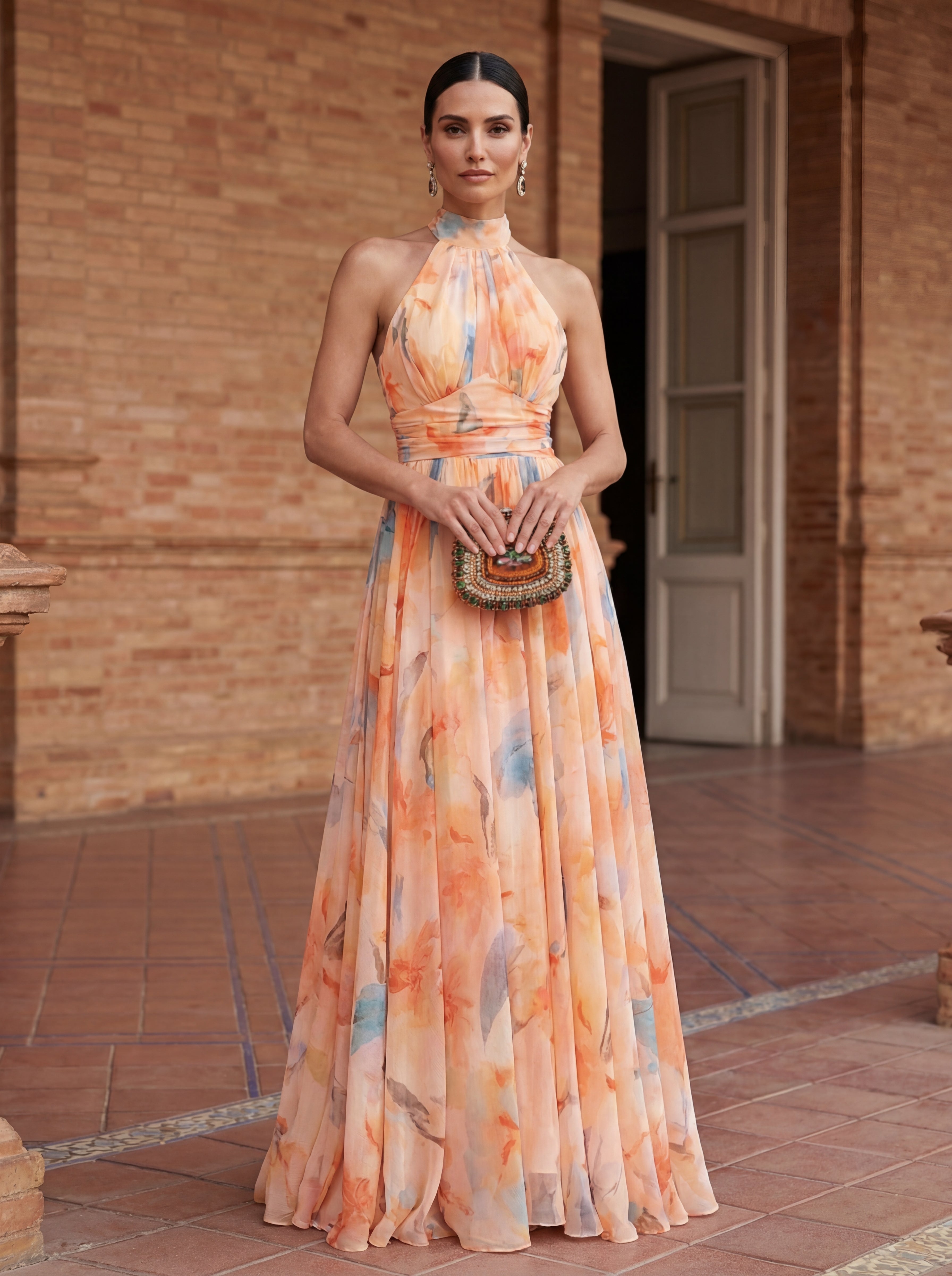 VESTIDO DE CUELLO HALTER CON ESTAMPADO ACUARELA