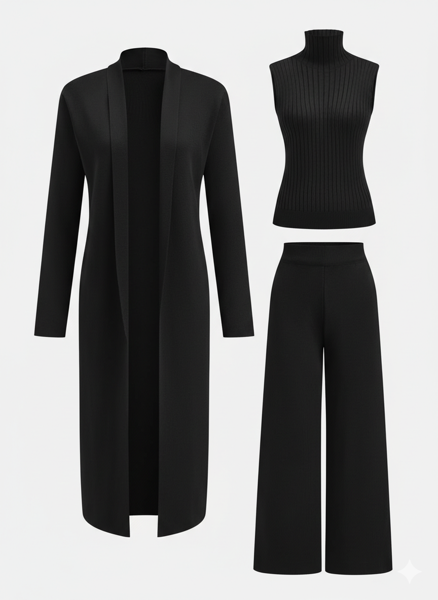 CONJUNTO DE TRES PIEZAS CON SUÉTER DE CUELLO ALTO DE PUNTO, CÁRDIGAN Y PANTALONES