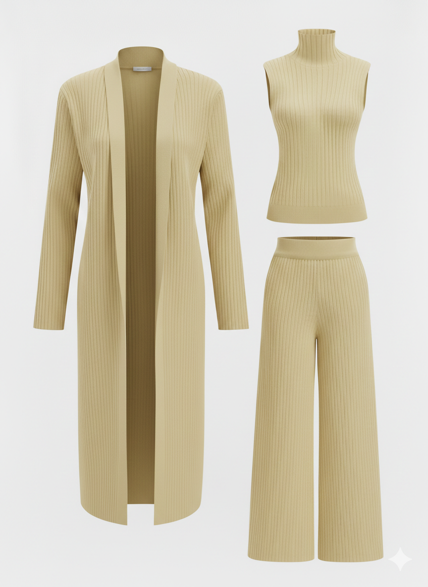 CONJUNTO DE TRES PIEZAS CON SUÉTER DE CUELLO ALTO DE PUNTO, CÁRDIGAN Y PANTALONES