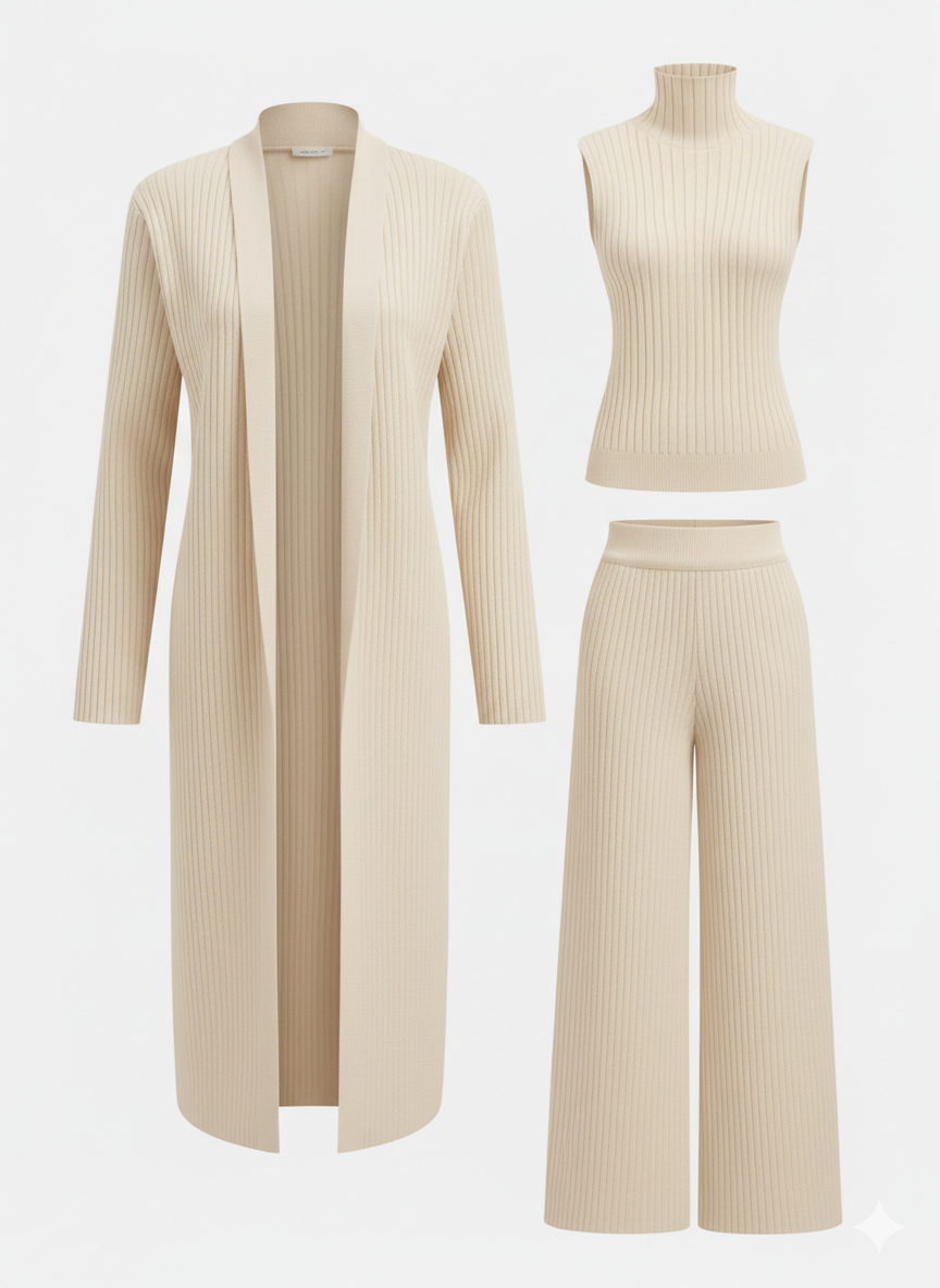 CONJUNTO DE TRES PIEZAS CON SUÉTER DE CUELLO ALTO DE PUNTO, CÁRDIGAN Y PANTALONES