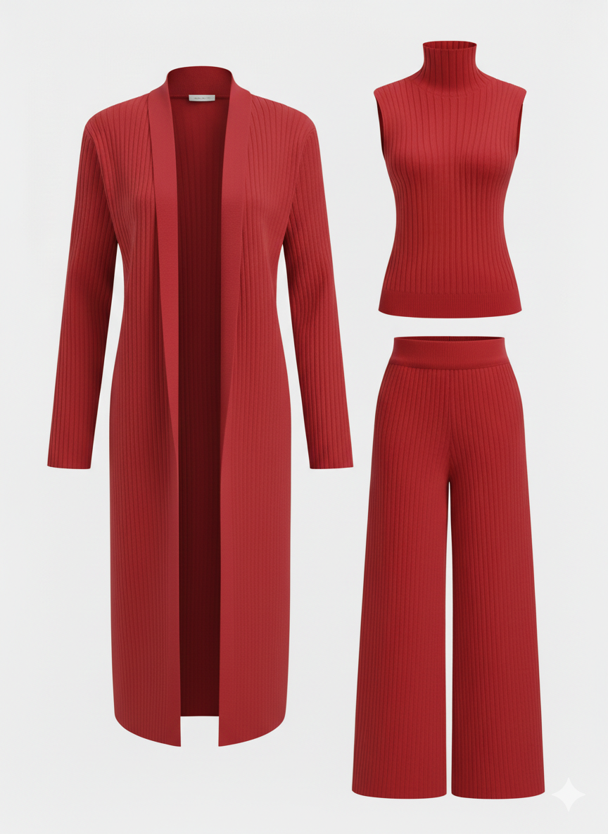 CONJUNTO DE TRES PIEZAS CON SUÉTER DE CUELLO ALTO DE PUNTO, CÁRDIGAN Y PANTALONES