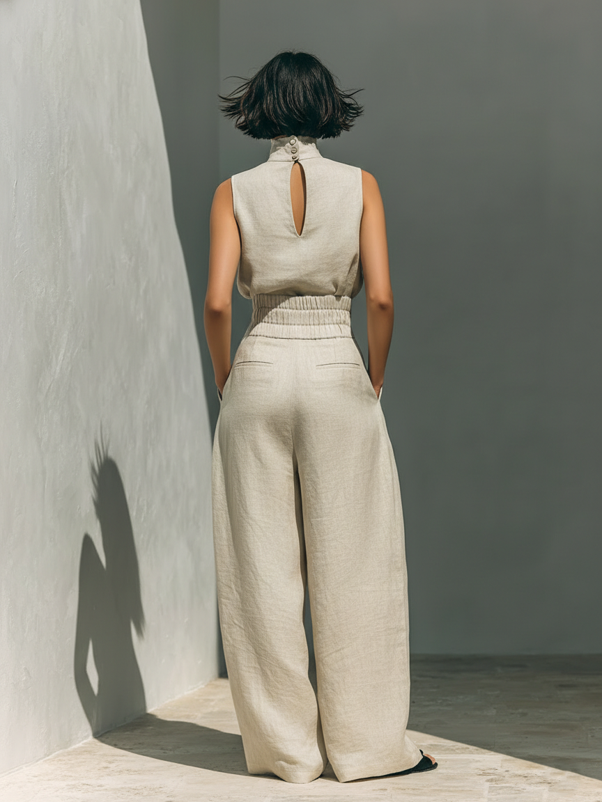 CONJUNTO DE CAMISETA SIN MANGAS Y PANTALON ANCHO DE ALGODON Y LINO