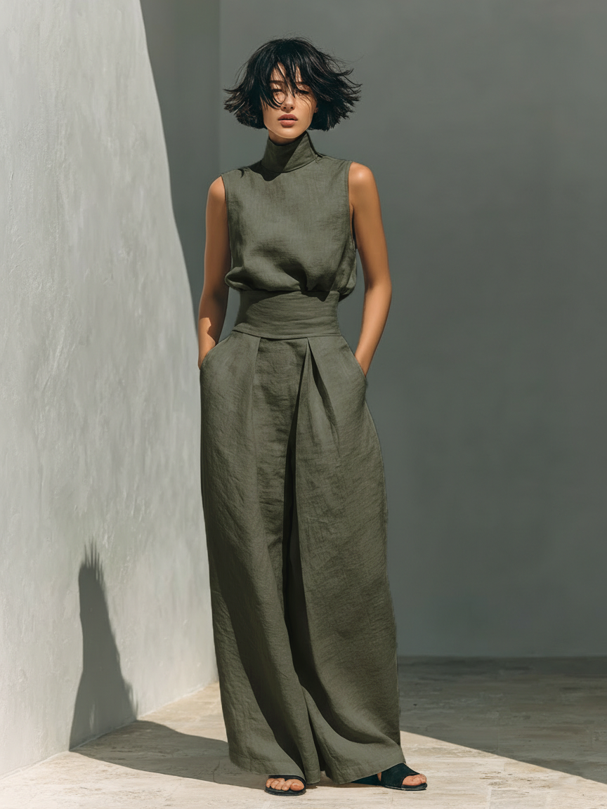 CONJUNTO DE CAMISETA SIN MANGAS Y PANTALON ANCHO DE ALGODON Y LINO