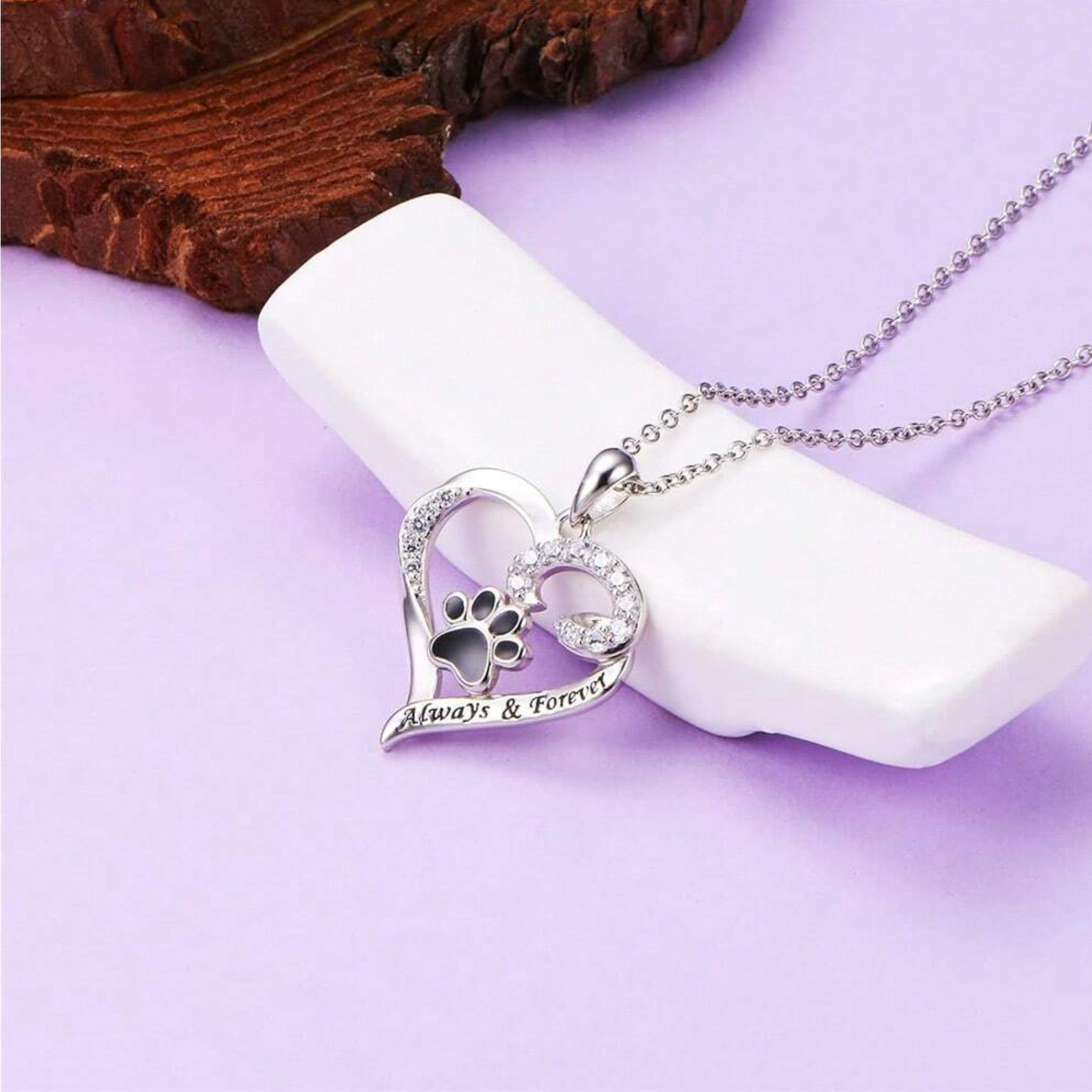Collar con huella de perro – diseño en forma de corazón de acero inoxidable con zirconias cúbicas