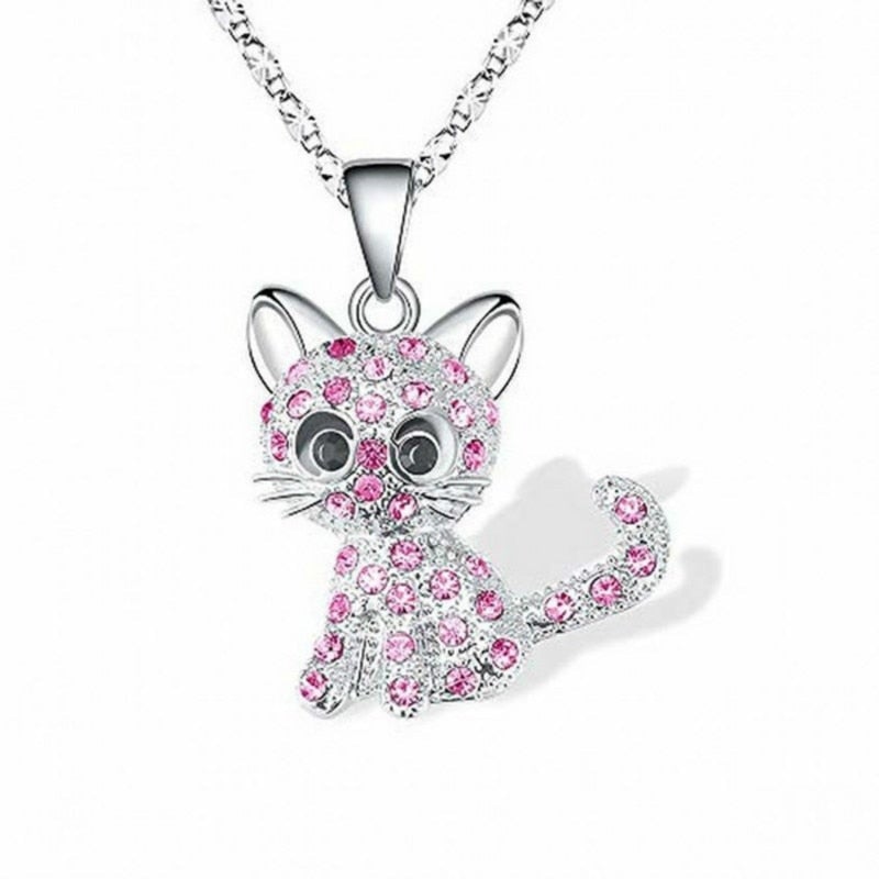 Collar con gatitos plateados y zirconias de colores