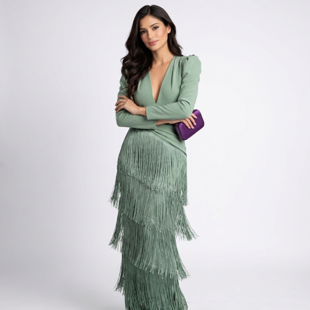 VESTIDO ELEGANTE CON MANGAS DE FLECOS