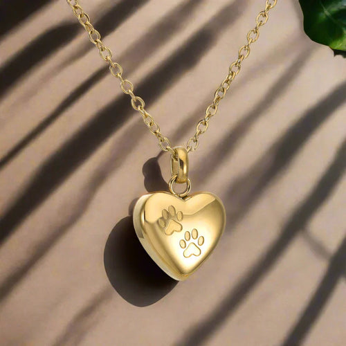 Colgante con urna conmemorativa para mascotas – Colgante en forma de corazón con grabado de huella