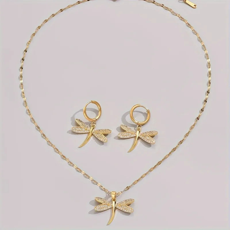 Collar con colgante en forma de libélula de oro y pendientes de regalo