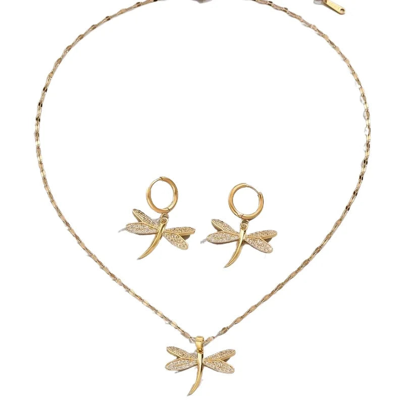 Collar con colgante en forma de libélula de oro y pendientes de regalo