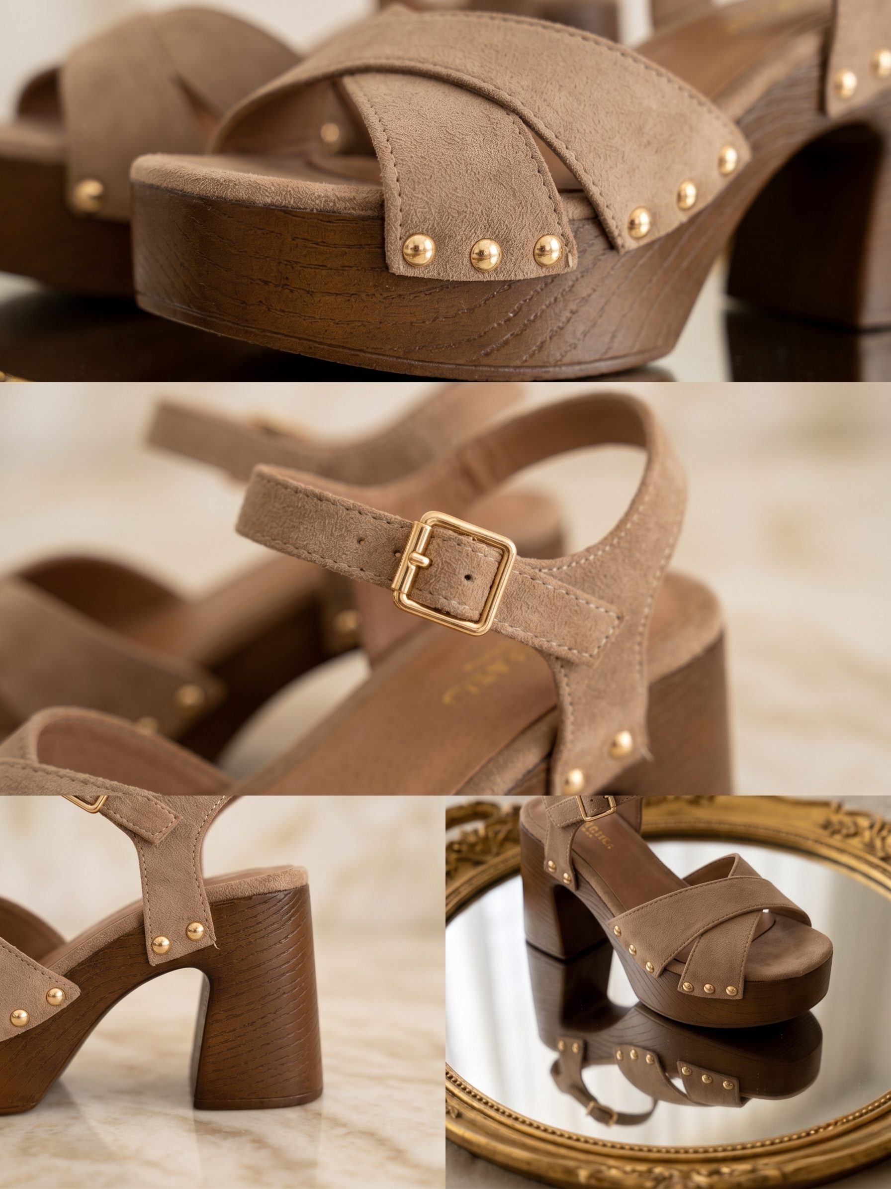Sandalias Gaia — tono topo, correas cruzadas y tachuelas doradas