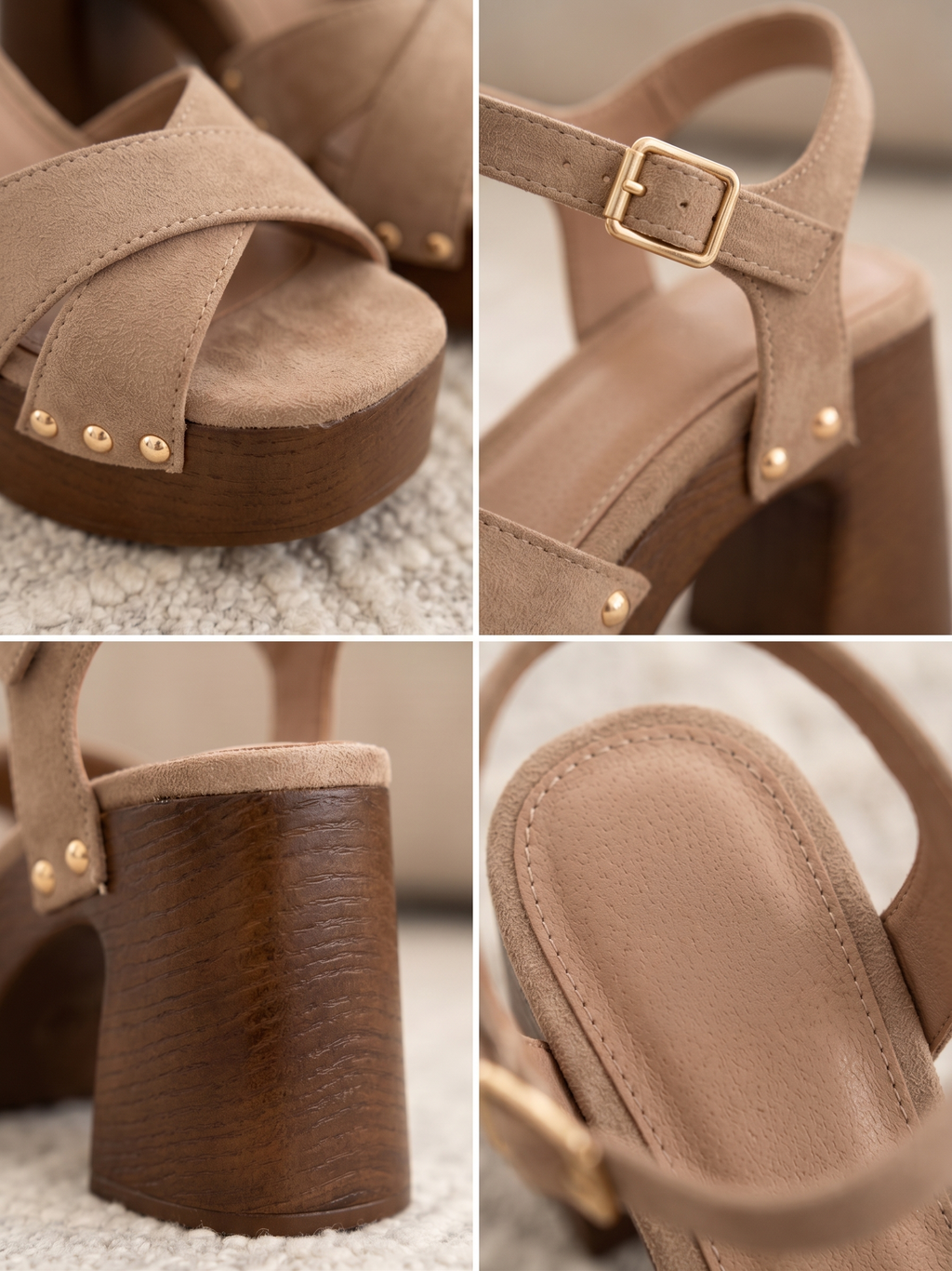 Sandalias Gaia — tono topo, correas cruzadas y tachuelas doradas
