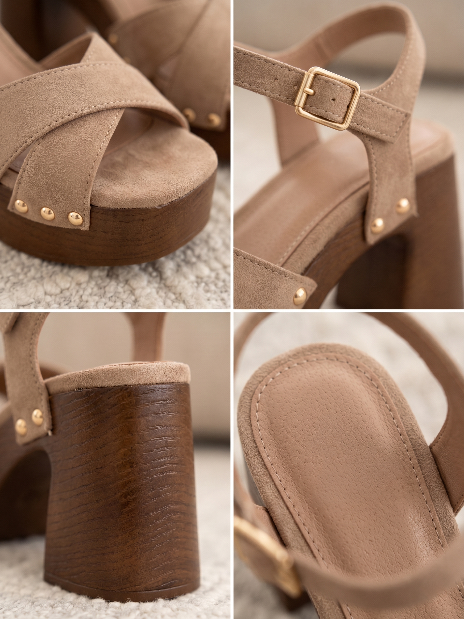 Sandalias Gaia — tono topo, correas cruzadas y tachuelas doradas