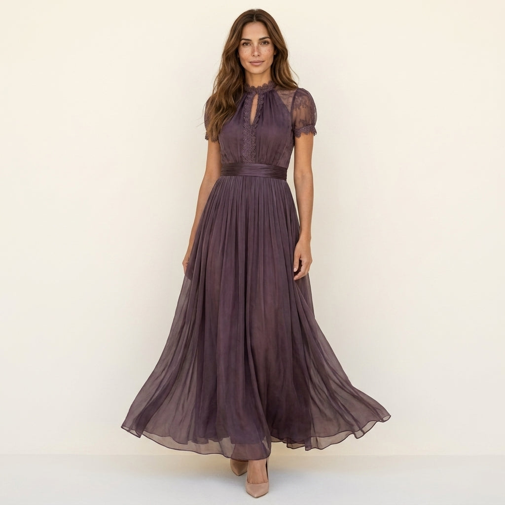 FLAVIA | VESTIDO LARGO CUELLO CON ENCAJE