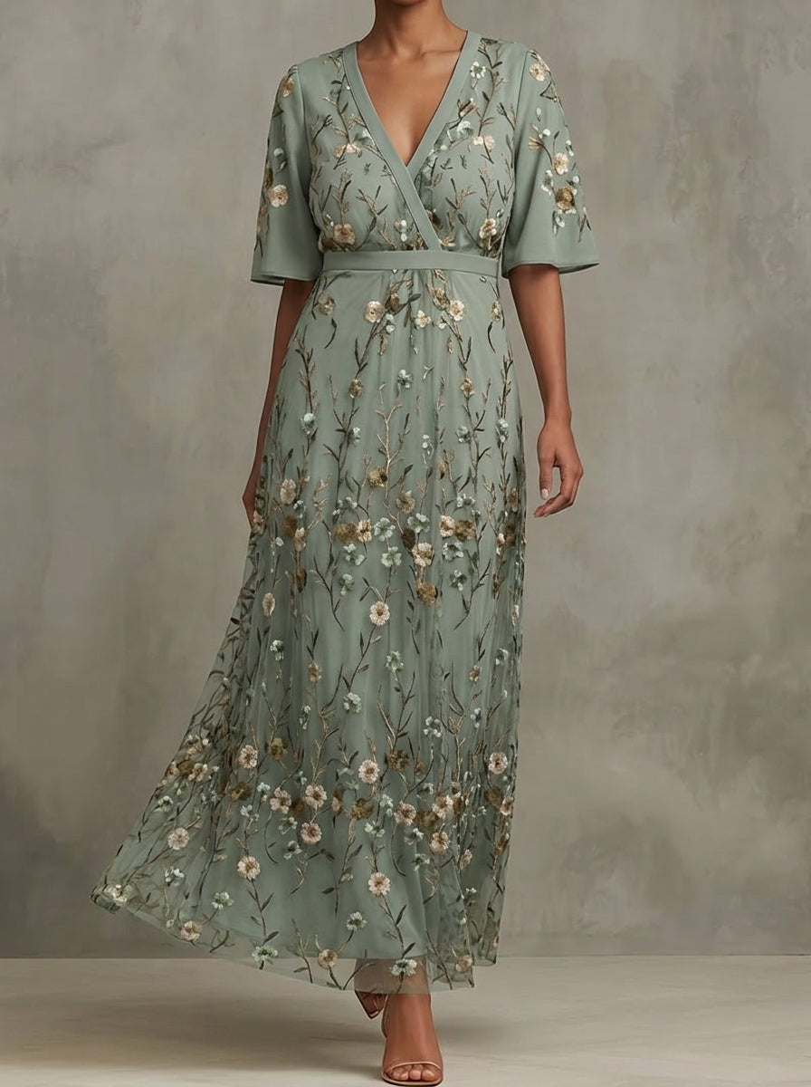 VESTIDO LARGO FLORAL CON MANGAS CORTAS Y ESCOTE EN V