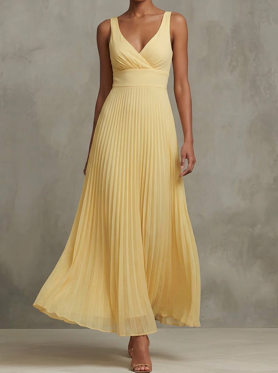 VESTIDO LARGO PLISADO CON ESCOTE EN V