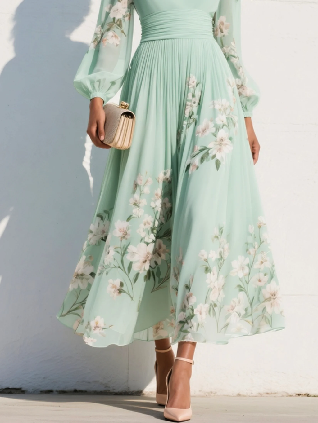 VESTIDO LARGO PLISADO CON ESTAMPADO FLORAL