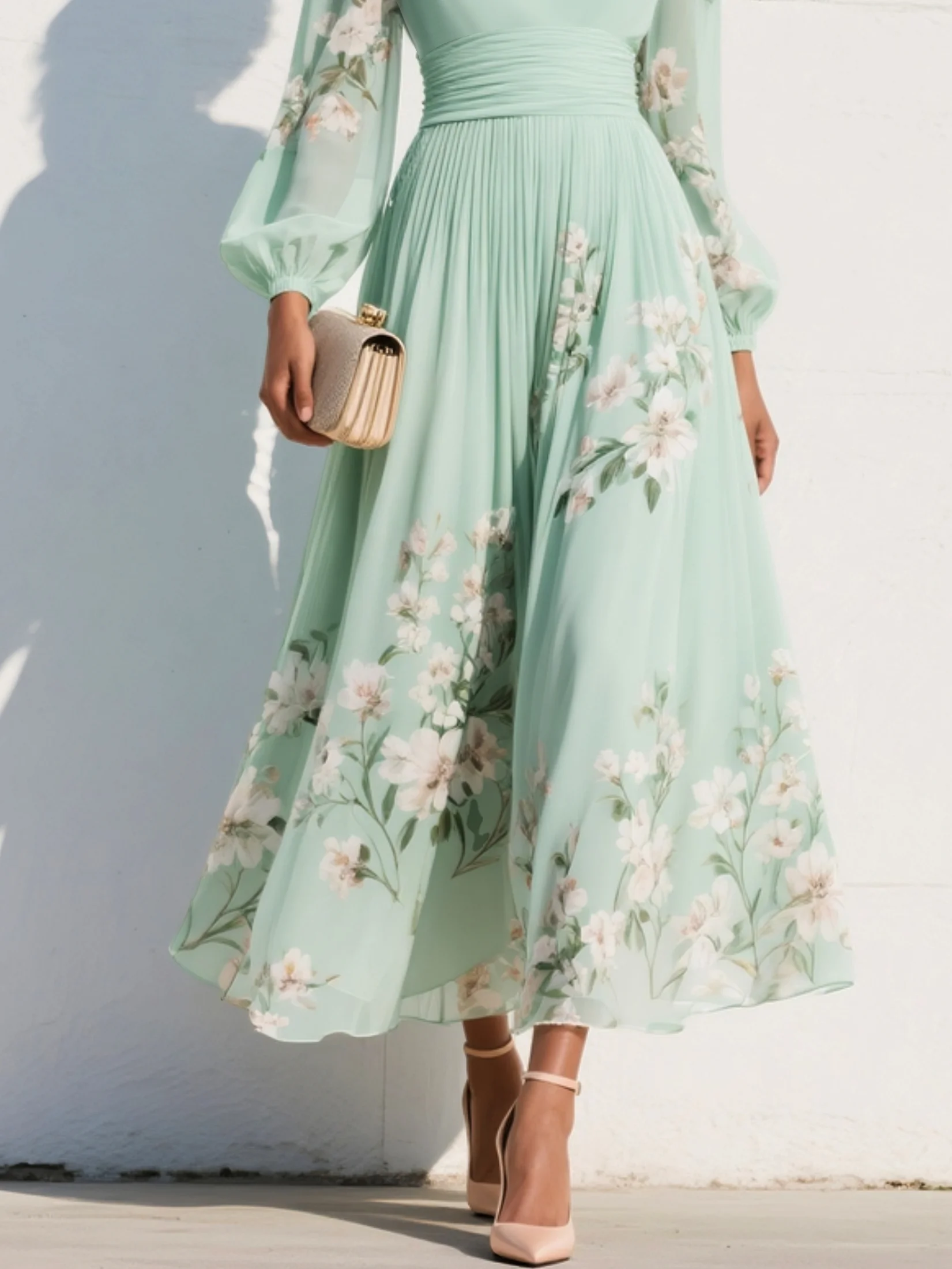 VESTIDO LARGO PLISADO CON ESTAMPADO FLORAL