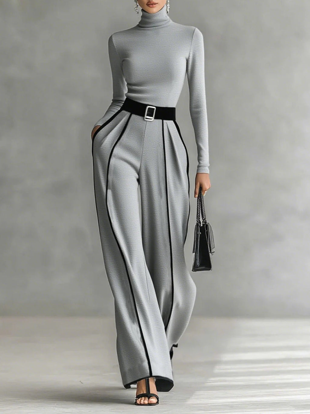 CONJUNTO TOP DE CUELLO ALTO Y PANTALONES CON CINTURÓN