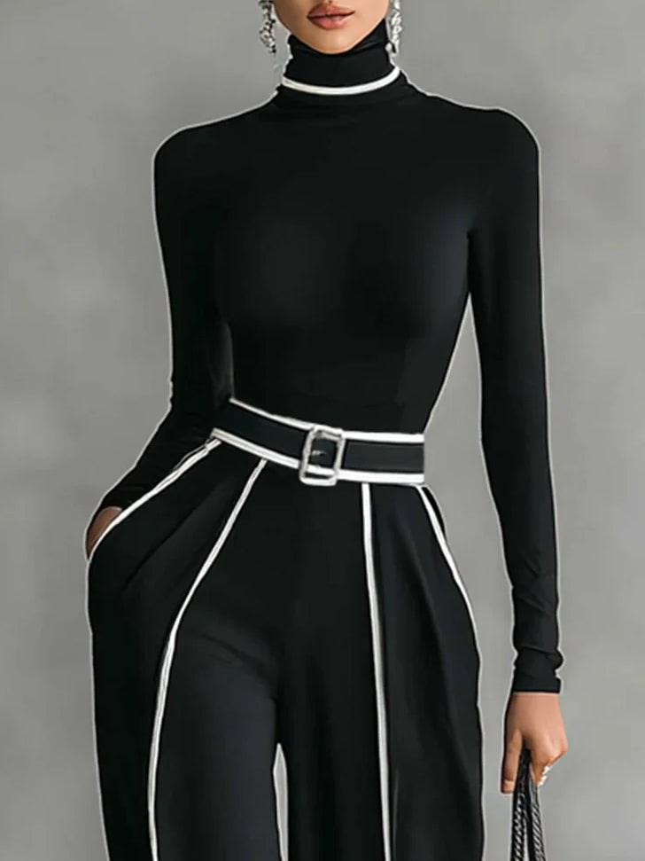 CONJUNTO TOP DE CUELLO ALTO Y PANTALONES CON CINTURÓN