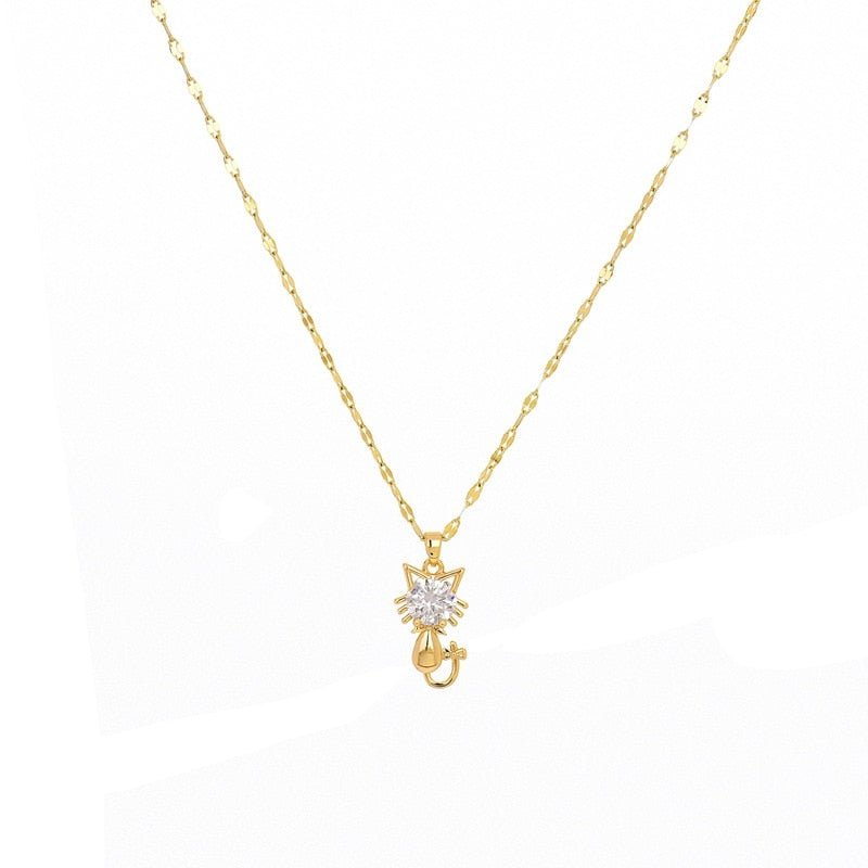 Collar con gato chapado en oro con circonitas