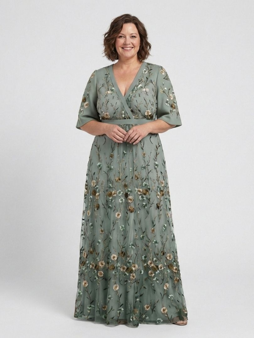 VESTIDO LARGO FLORAL CON MANGAS CORTAS Y ESCOTE EN V