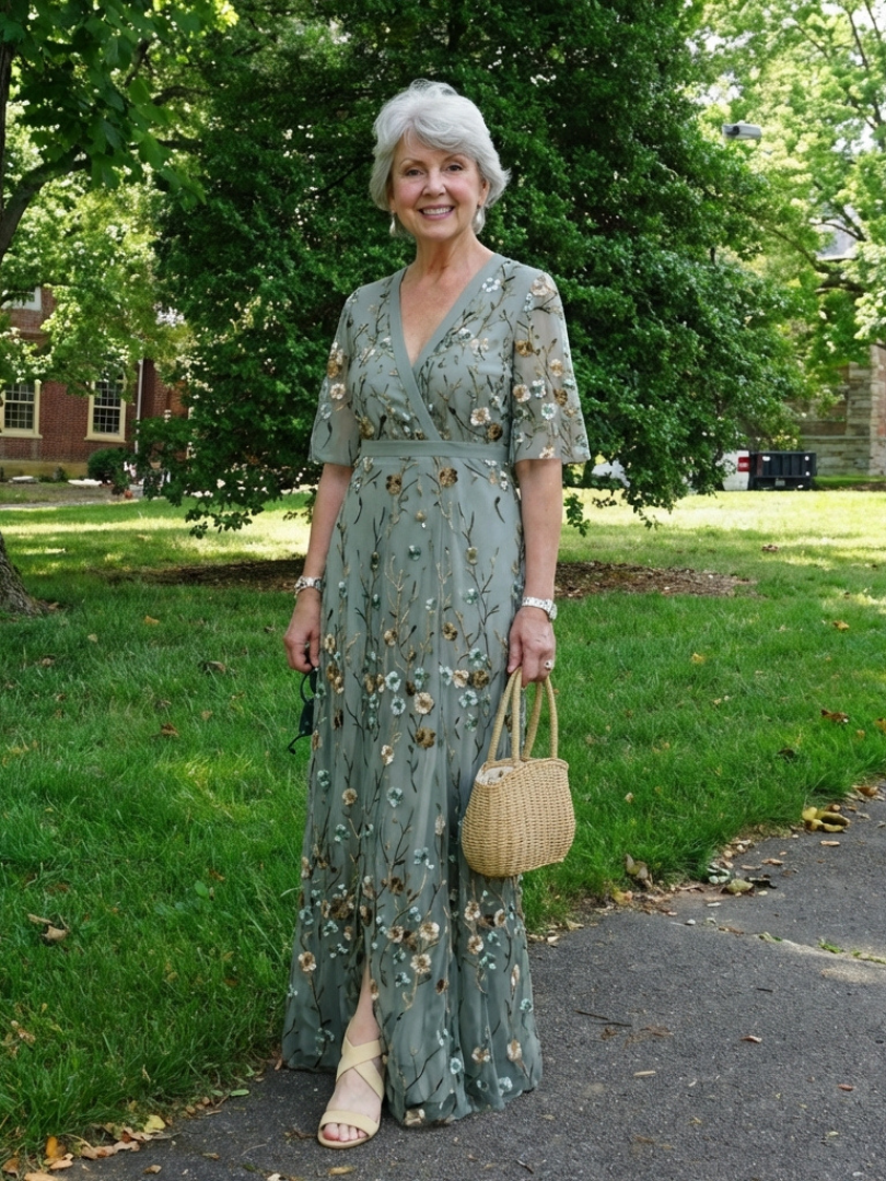 VESTIDO LARGO FLORAL CON MANGAS CORTAS Y ESCOTE EN V