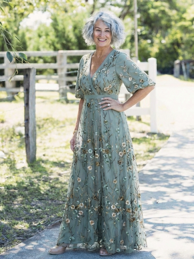 VESTIDO LARGO FLORAL CON MANGAS CORTAS Y ESCOTE EN V