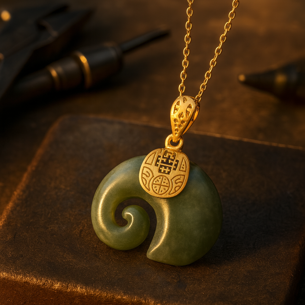 Collar con colgante en forma de elefante de jade Hetian – Cadena chapada en oro de 18 quilates para mujer