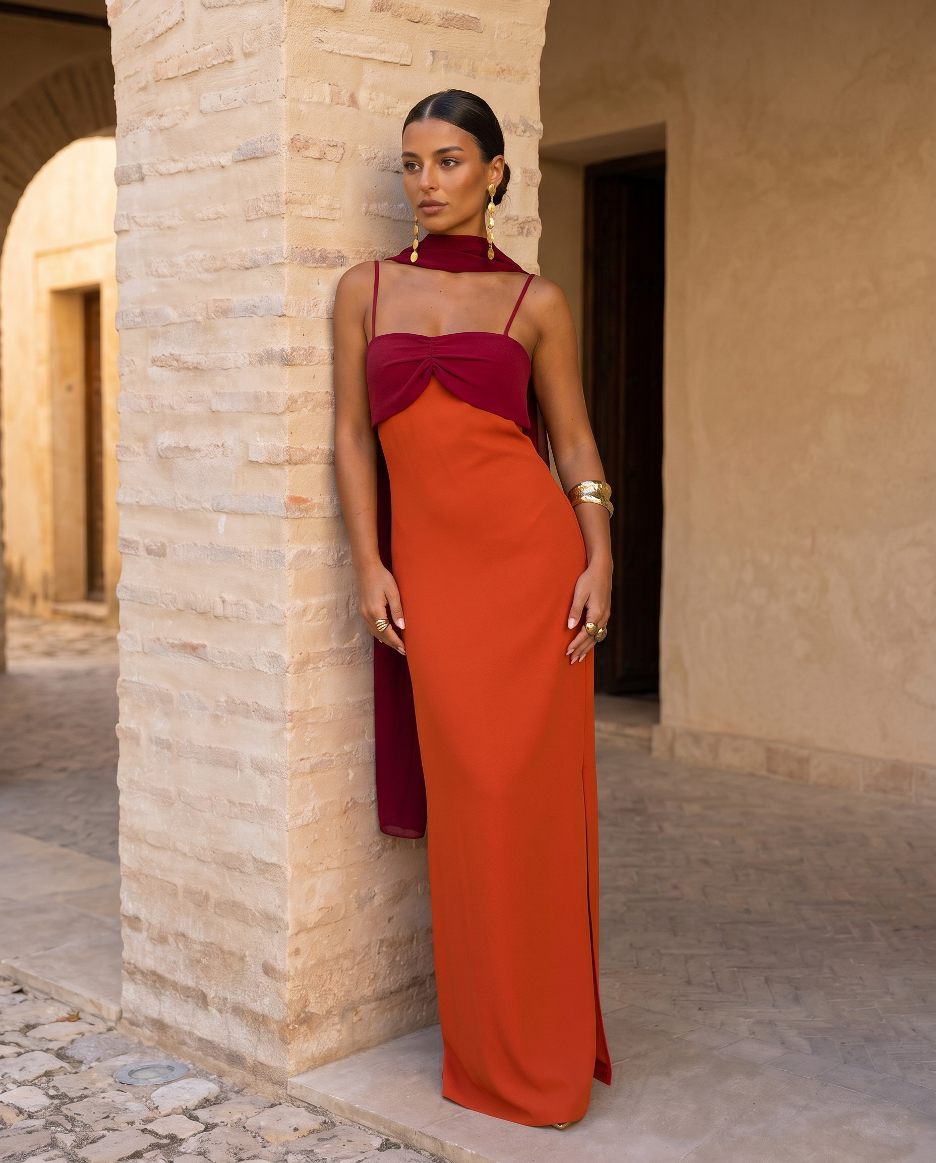 VESTIDO NARANJA CON ESCOTE ROJO