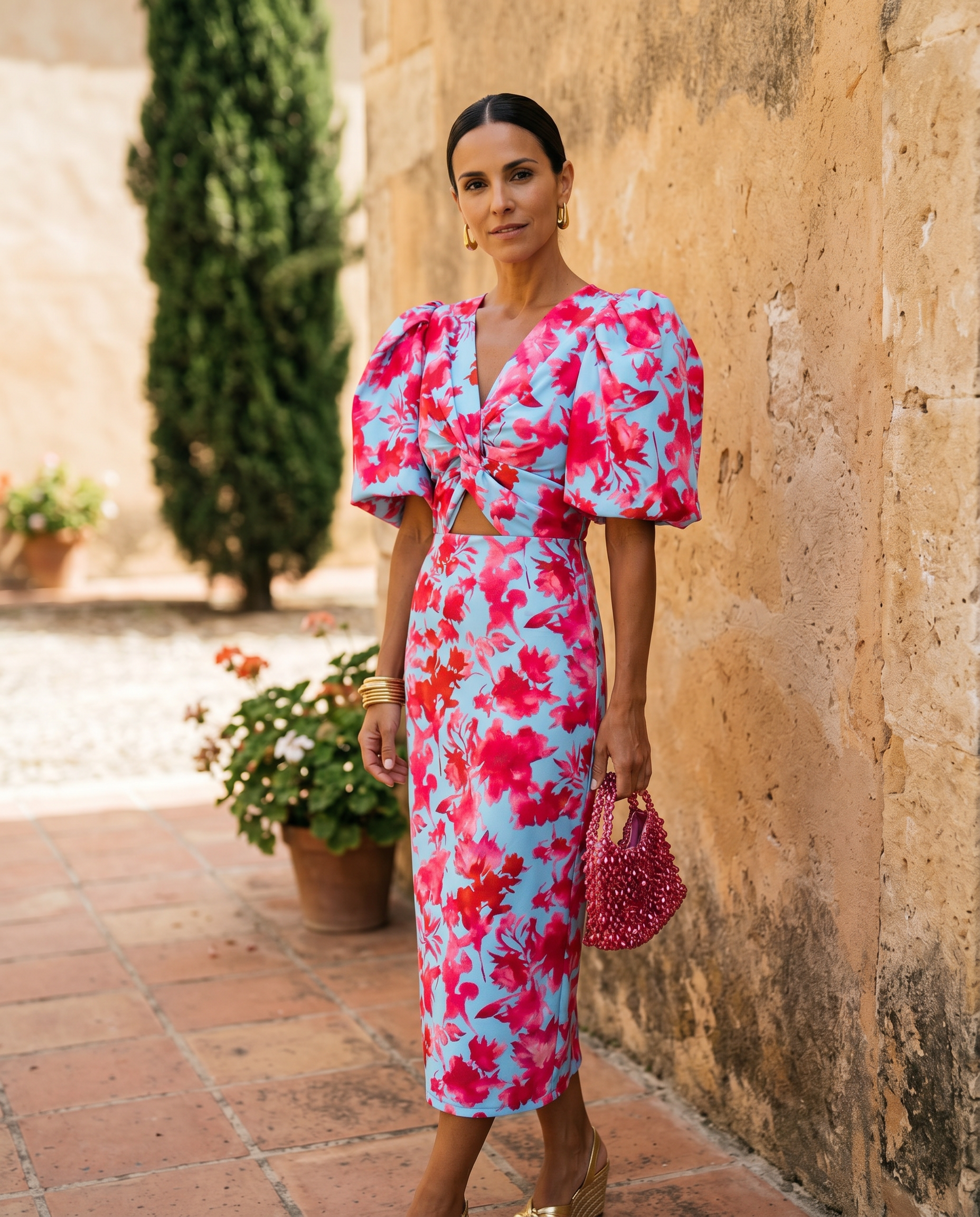 VESTIDO MIDI ESTAMPADO CON MANGAS ABULLONADAS