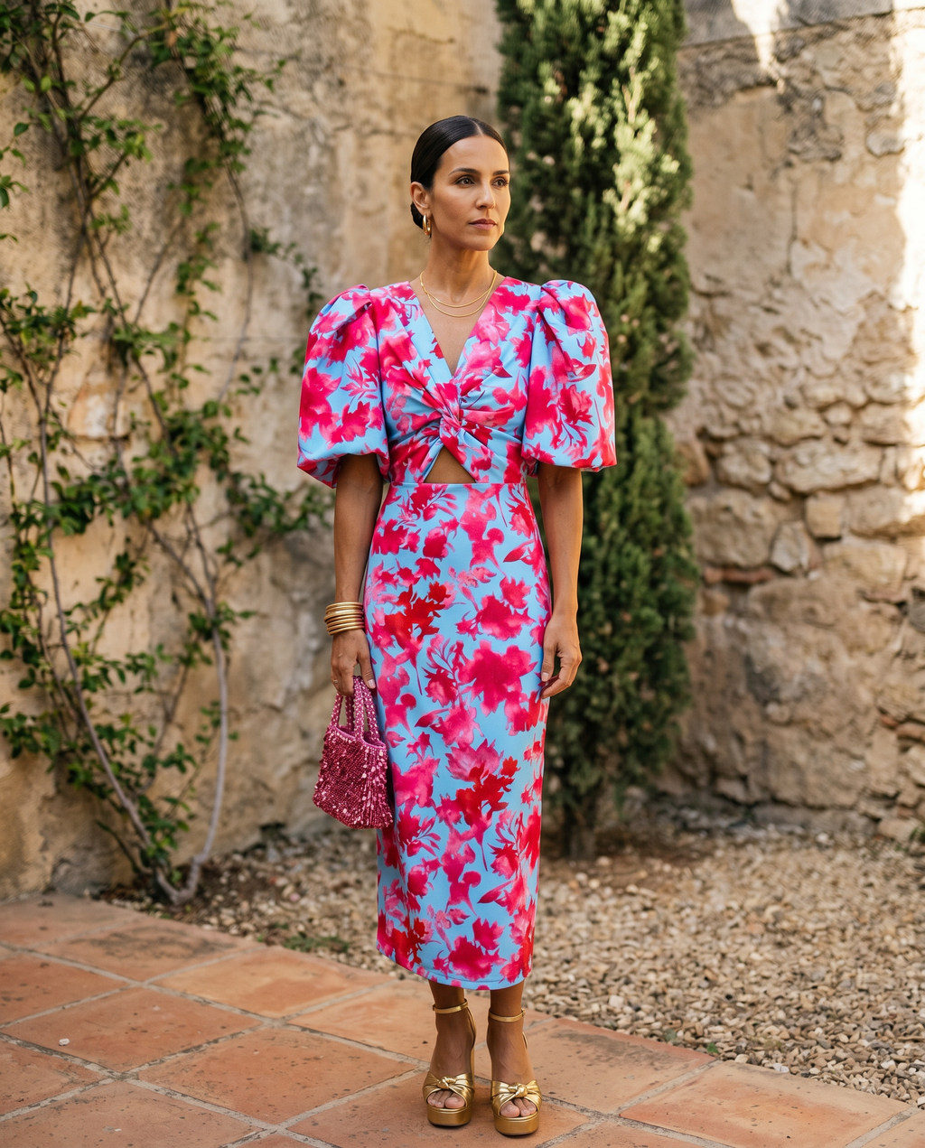 VESTIDO MIDI ESTAMPADO CON MANGAS ABULLONADAS