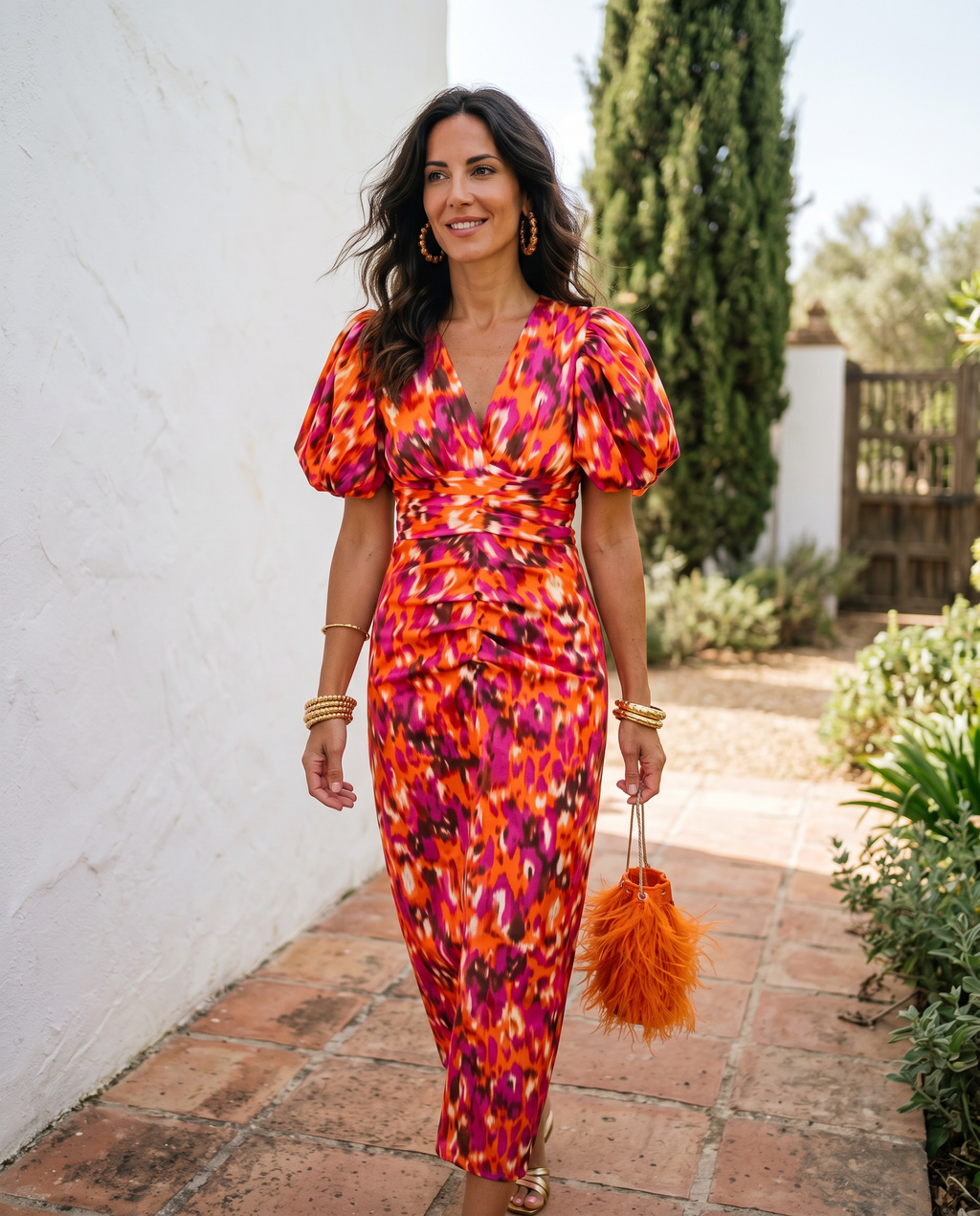 VESTIDO MIDI ESTAMPADO CON MANGAS ABULLONADAS