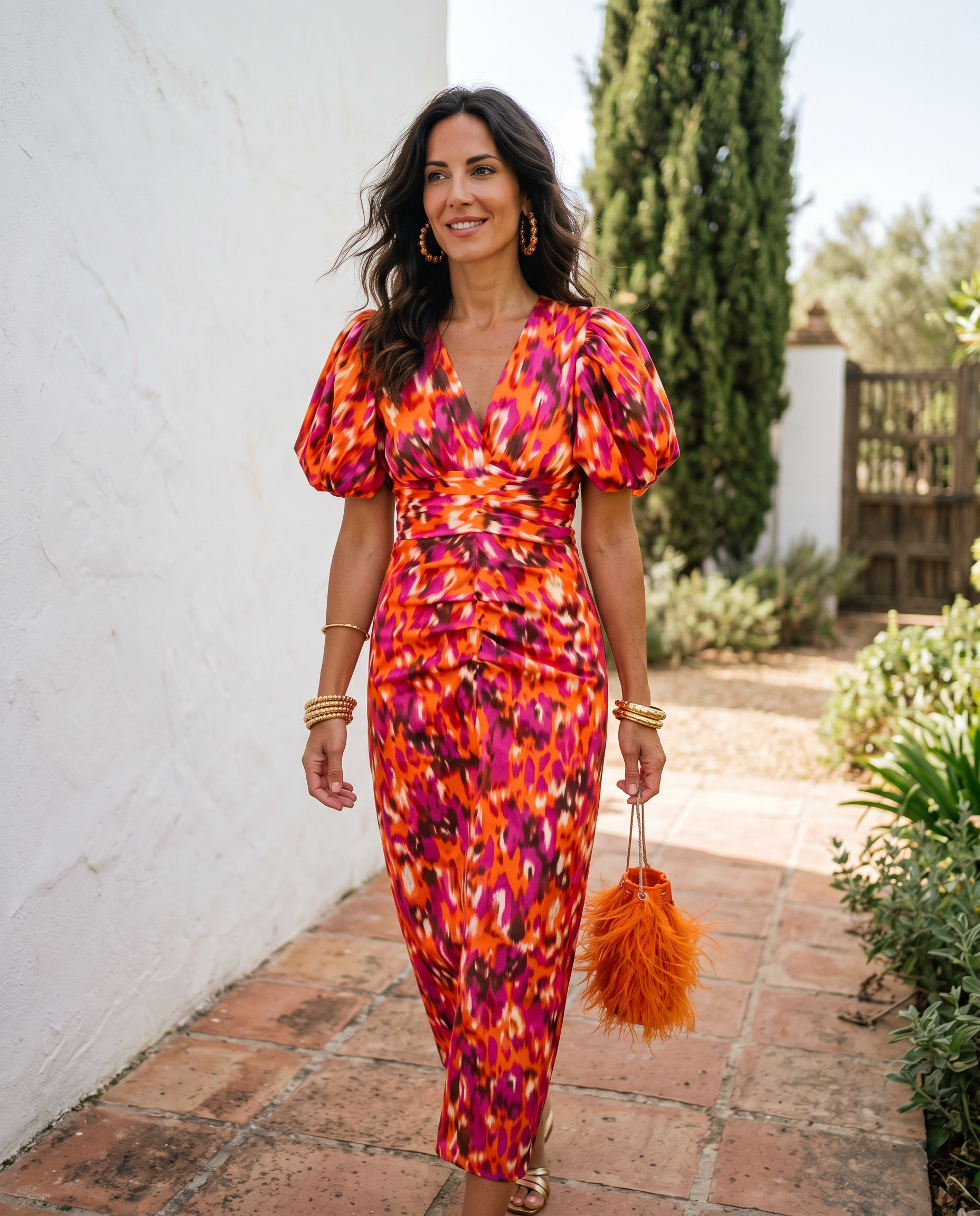 VESTIDO MIDI ESTAMPADO CON MANGAS ABULLONADAS