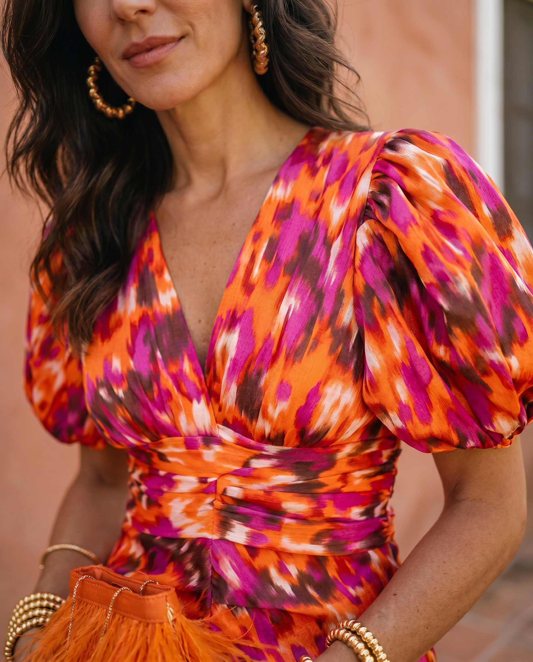 VESTIDO MIDI ESTAMPADO CON MANGAS ABULLONADAS