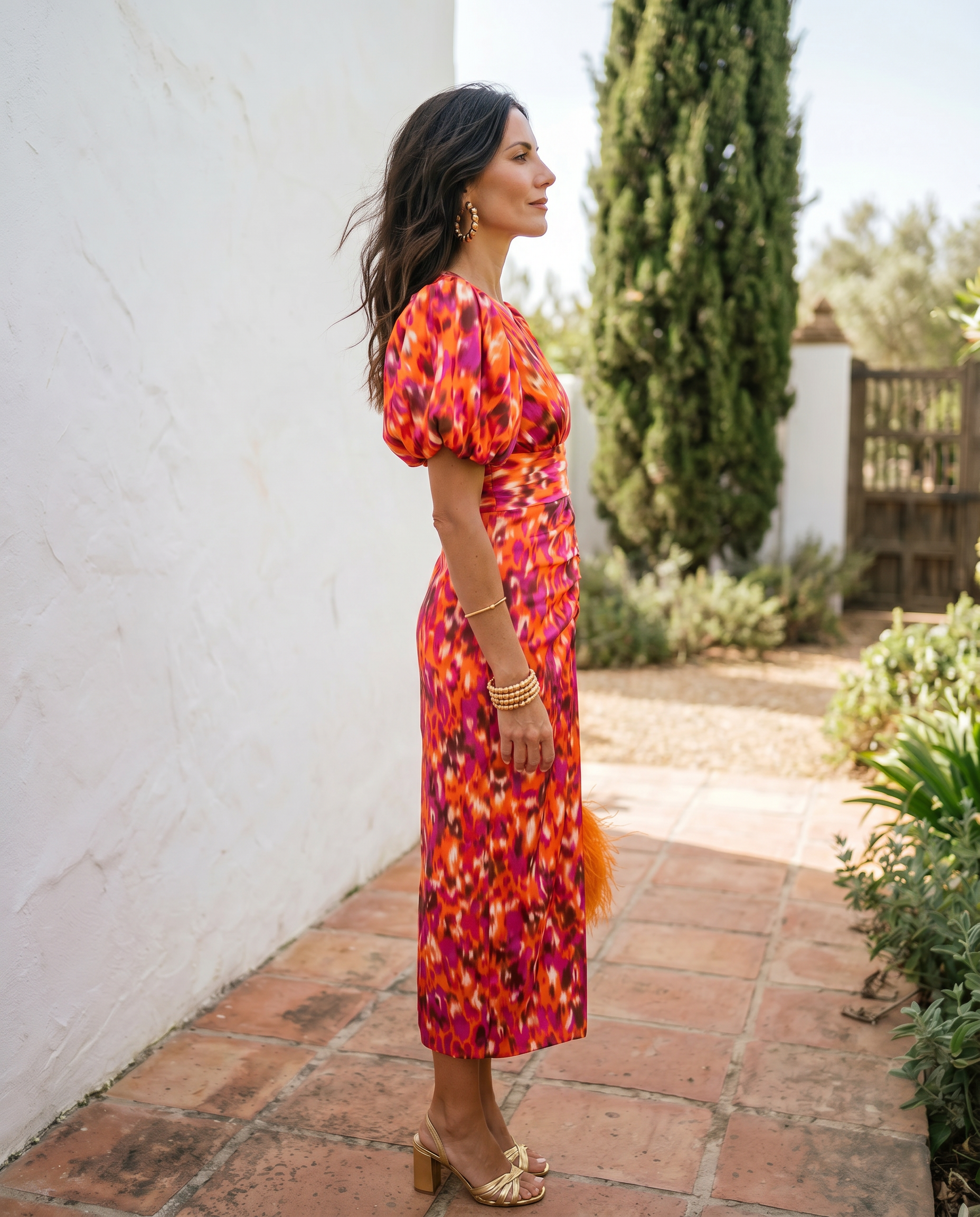 VESTIDO MIDI ESTAMPADO CON MANGAS ABULLONADAS