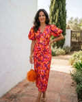 VESTIDO MIDI ESTAMPADO CON MANGAS ABULLONADAS