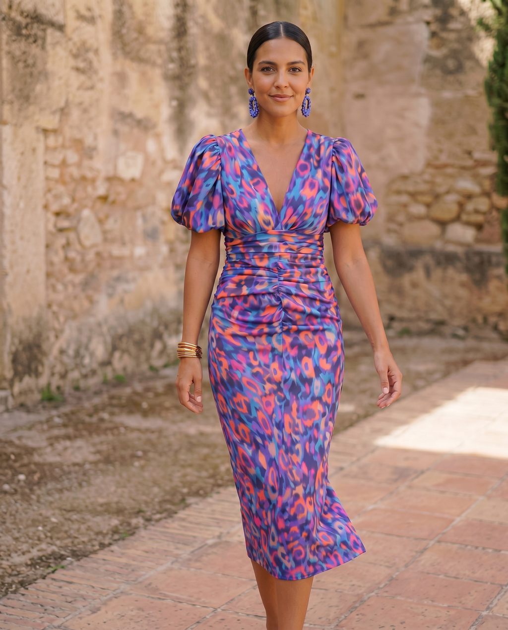 VESTIDO MIDI ESTAMPADO CON MANGAS ABULLONADAS